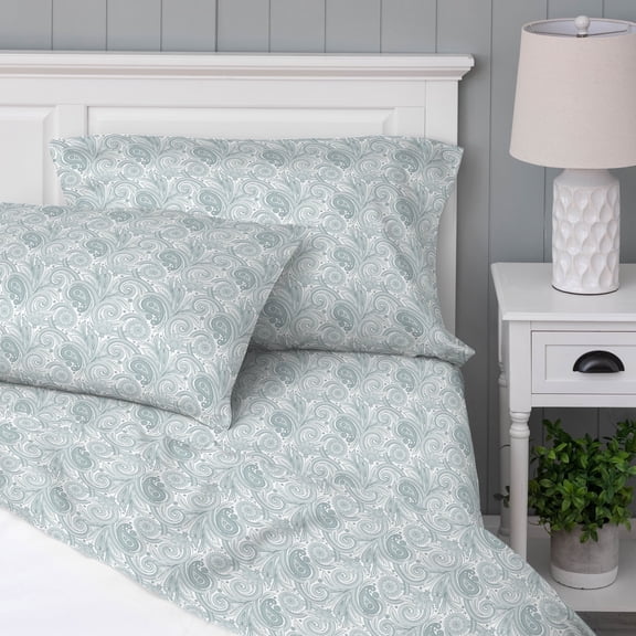 WelHome 100% Cotton Percale 4-Piece Full Size Deep Pocket Bed Sheets Set, 1 Fitted, 1 Flat Sheet with 2 Pillowcases, Ethereal Paisley in Ocean