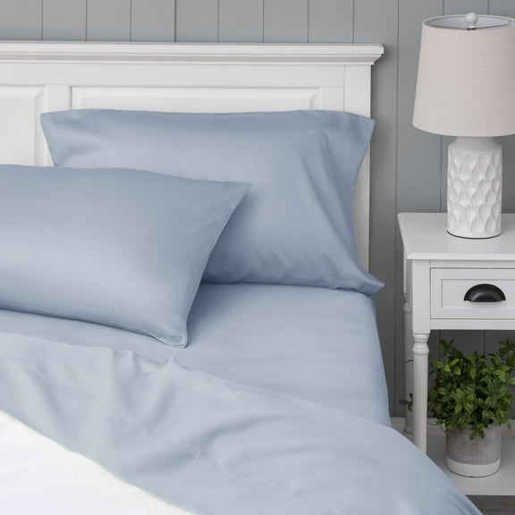 WelHome 100% Cotton Percale 4-Piece King Size Deep Pocket Bed Sheets Set, 1 Fitted, 1 Flat Sheet with 2 Pillowcases, Ultra Light, Breathable & Super Soft Sheets, Light Blue