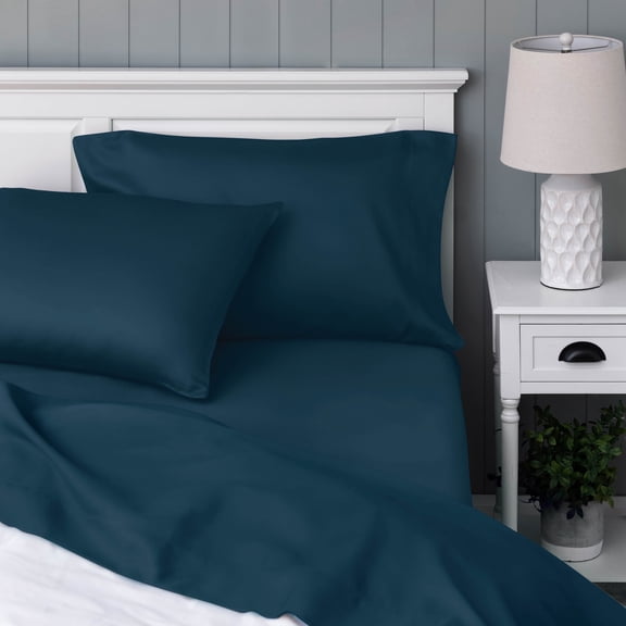 WelHome 100% Cotton Percale 4-Piece King Size Deep Pocket Bed Sheets Set, 1 Fitted, 1 Flat Sheet with 2 Pillowcases, Ultra Light, Breathable & Super Soft Sheets, Navy