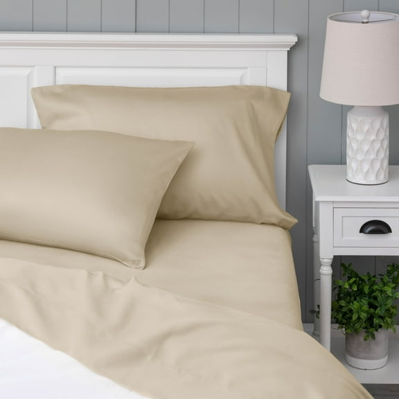 WelHome 100% Cotton Percale 4-Piece King Size Deep Pocket Bed Sheets Set, 1 Fitted, 1 Flat Sheet with 2 Pillowcases, Ultra Light, Breathable & Super Soft Sheets, Sand