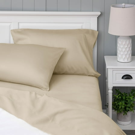 WelHome 100% Cotton Percale 4-Piece Queen Size Deep Pocket Bed Sheets Set, 1 Fitted, 1 Flat Sheet with 2 Pillowcases, Ultra Light, Breathable & Super Soft Sheets, Sand