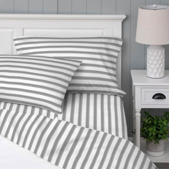 WelHome 100% Cotton Percale 4-Piece Queen Size Deep Pocket Bed Sheets Set, 1 Fitted, 1 Flat Sheet with 2 Pillowcases, Ultra Light, Breathable & Super Soft Sheets, Foster Stripe in Black