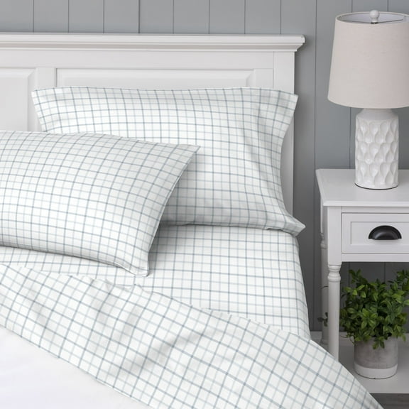 WelHome 100% Cotton Percale 4-Piece Queen Size Deep Pocket Printed Bed Sheets Set, 1 Fitted, 1 Flat Sheet with 2 Pillowcases, Ultra Light, Breathable & Super Soft Sheets, Light Blue Plaid