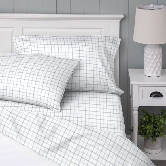 WelHome 100% Cotton Percale 4-Piece Queen Size Deep Pocket Printed Bed Sheets Set, 1 Fitted, 1 Flat Sheet with 2 Pillowcases, Ultra Light, Breathable & Super Soft Sheets, Light Blue Plaid