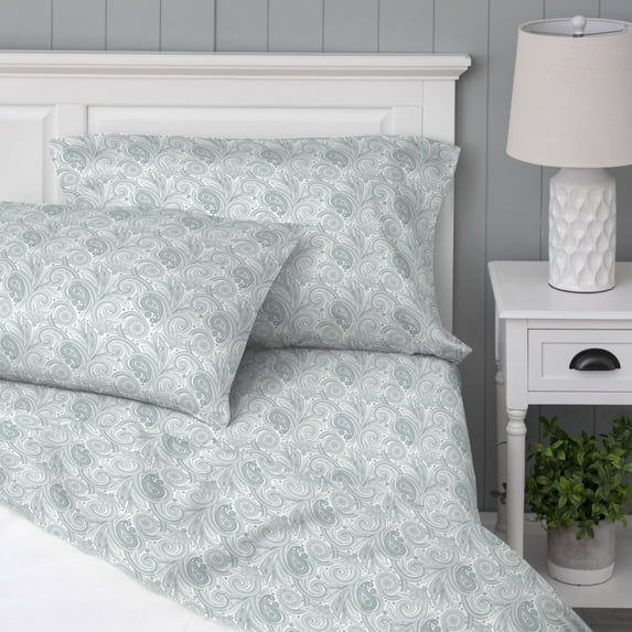 WelHome 100% Cotton Percale 4-Piece Queen Size Deep Pocket Bed Sheets Set, 1 Fitted, 1 Flat Sheet with 2 Pillowcases, Ultra Light, Breathable & Super Soft Sheets, Ethereal Paisley in Ocean