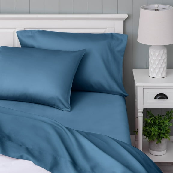 WelHome 100% Cotton Percale 4-Piece Queen Size Deep Pocket Bed Sheets Set, 1 Fitted, 1 Flat Sheet with 2 Pillowcases, Ultra Light, Breathable & Super Soft Sheets, Blue