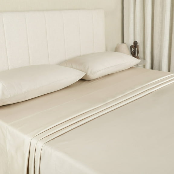 WelHome 100% Egyptian Cotton Bed Sheet Set - 500 Thread Count, Sateen, Breathable - 4 Piece, Full, Beige