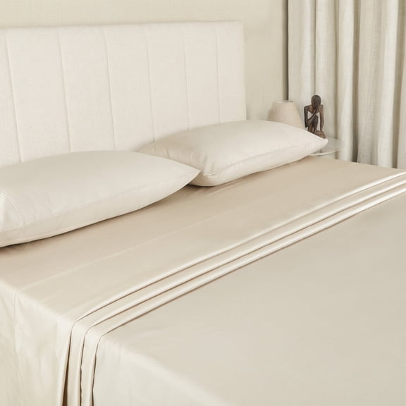 WelHome 100% Egyptian Cotton Premium 500 Thread Count 4-Piece Queen Size Deep Pocket Bed Sheets Set, Super Soft Sateen Weave, Luxurious Bedding Set, 1 Fitted, 1 Flat Sheet & 2 Pillowcases, Soft Beige