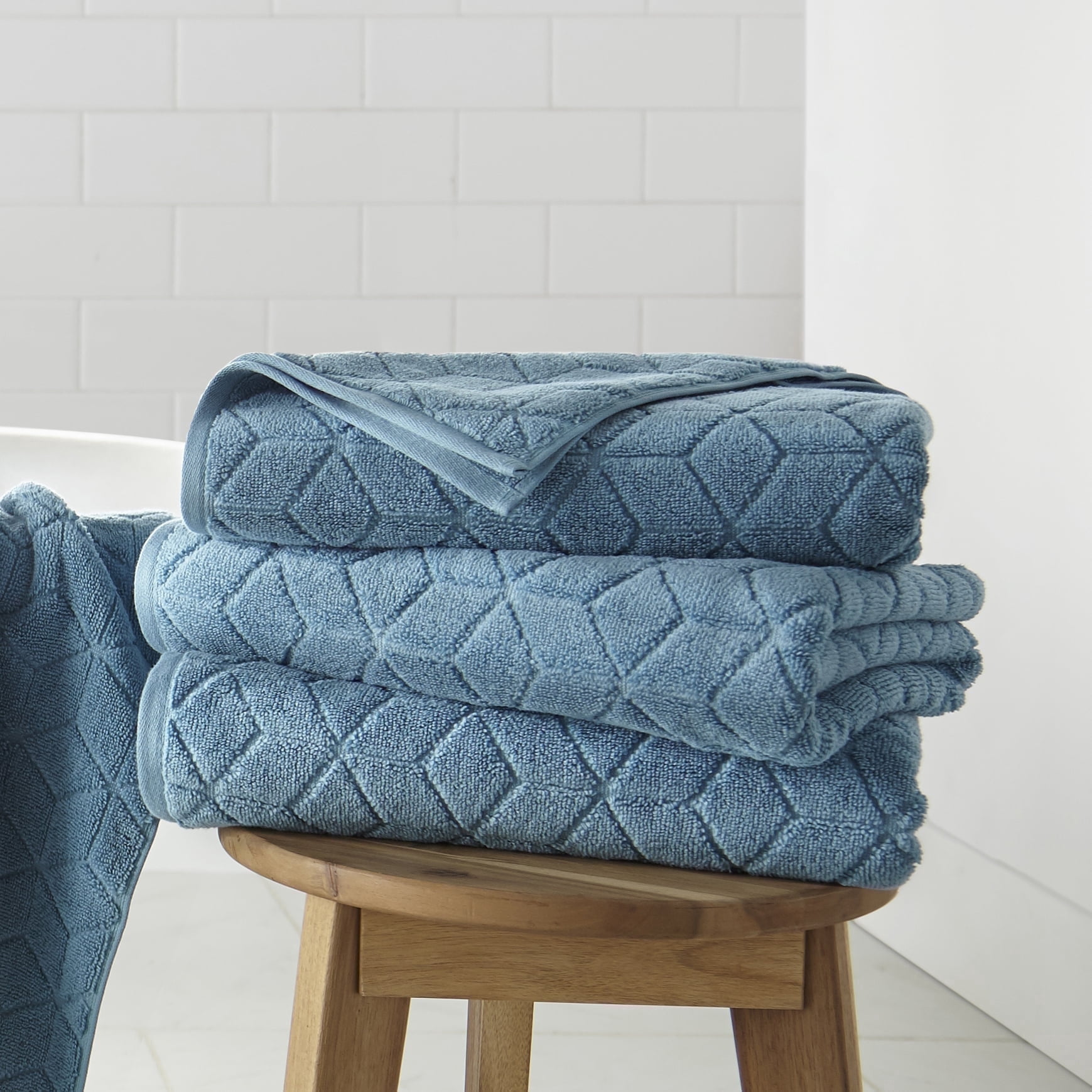 WelHome 100% HYGROCOTTON® 4-Piece Textured Soft Bath Towels Set, Delphinium Blue, 550 GSM, 30" x 56", Large, Absorbent & Plush Bathroom Towels
