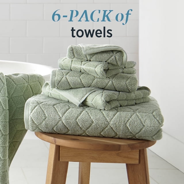 WelHome 100% HYGROCOTTON 6-Piece Cameo Green Textured Bath Towels Set, 550 GSM, 2 Hand Towels, 2 ...
