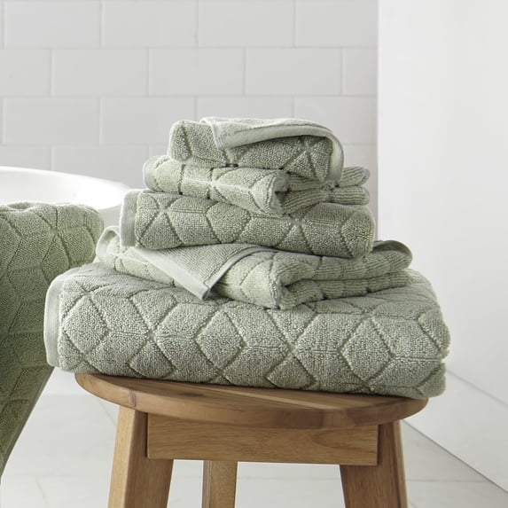 WelHome 100% HYGROCOTTON® 6-Piece Textured Soft Towel Set, Cameo Green, 550 GSM, 2 Large Bath Towels 30" x 56", 2 Hand Towels, 2 Washcloths, Absorbent & Plush Bathroom Towels