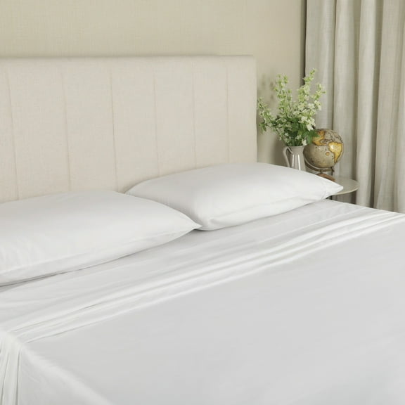 WelHome 100% Luxury Soft Cotton Percale Crisp 300 Thread Count 4-Piece Queen Size Deep Pocket Bed Sheets Set, 1 Fitted, 1 Flat Sheet with 2 Pillowcases, HeiQ Fresh Finish, White