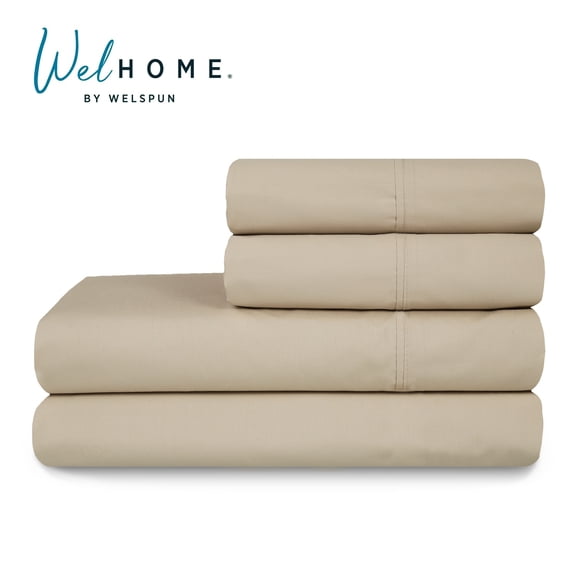 WelHome 100% Cotton Queen Sheets Set, 4 Piece Sand Bed Sheets Set with HeiQ Fresh, Percale Weave, Hotel Luxury, Ultra Soft Sheets Set with Pillowcases