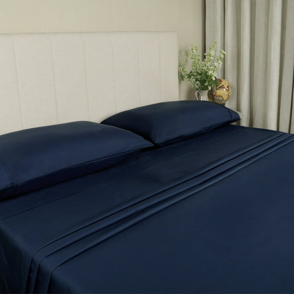 WelHome 100% Luxury Soft Cotton Percale Crisp 300 Thread Count 4-Piece Queen Size Deep Pocket Bed Sheets Set, 1 Fitted, 1 Flat Sheet with 2 Pillowcases, HeiQ Fresh Finish, Navy