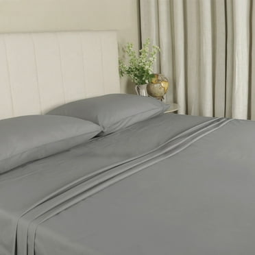 WelHome 100% Luxury Soft Cotton Percale Crisp 300 Thread Count 4-Piece Queen Size Deep Pocket Bed Sheets Set, 1 Fitted, 1 Flat Sheet with 2 Pillowcases, HeiQ Fresh Finish, Gray