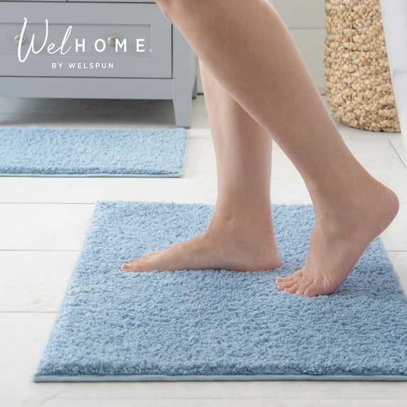WelHome 2 Piece Recycled Polyester Bathroom Rugs Set, 17x24 & 20x32 Inches, Non-Slip Performance Bath Mats For Bathroom Floor, Easy to Clean, Blue