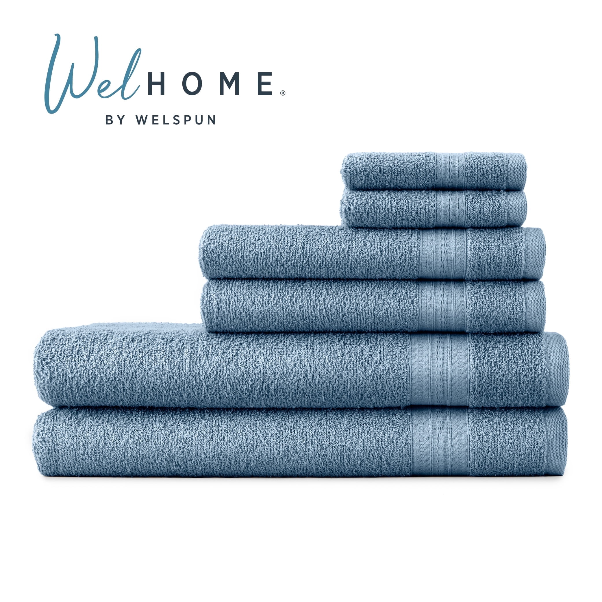 WelHome 6 Piece EVERYDAY USE 100% Cotton Bathroom Towels Set, 450 GSM, 2 Bath towels 27" x 54", 2 Hand Towels, 2 Washcloths, Soft Lightweight, Hotels, Spa and Gym – Blue Shadow