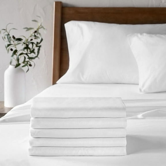 WelHome Pack of 6 Commercial Full Size Fitted Sheets Only, 310TC Durable & Lightweight Bulk Sheet Sets, Deep Pocket Sheets For Hospital Use/Homes/Hotels, Rich Cotton Blend, 54" x 80", White