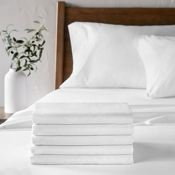 WelHome Pack of 6 Commercial Queen Fitted Sheets Only, 310TC, Durable & Lightweight Bulk Sheet Sets, Deep Pocket White Sheets For Hospital Use/Homes/Hotels, Rich Cotton Blend, 60" x 80", White
