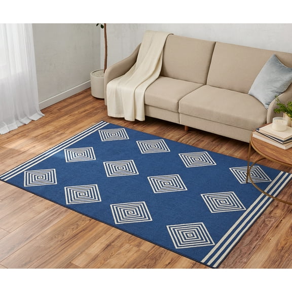 WelHome Machine Washable Rugs 5x7 (60 x 84 inches) Area Rug For Living Room, College Dorm Rugs with Anti-Skid Latex Backing, Geometric Diamond, Navy White Rug