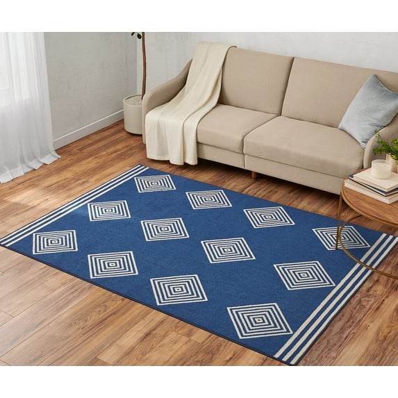 WelHome Machine Washable Rugs 5x7 (60 x 84 inches) Area Rug For Living Room, College Dorm Rugs with Anti-Skid Latex Backing, Geometric Diamond, Navy White Rug