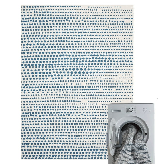 WelHome Machine Washable Rugs 5x7 (60 x 84 inches) Area Rug For Living Room, College Dorm Rugs with Anti-Skid Latex Backing, Painter's Dot, Blue and White Rug