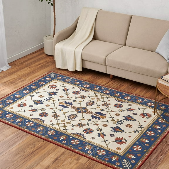 WelHome Machine Washable Rugs 5x7 (60 x 84 inches) Area Rug For Living Room, College Dorm Rugs with Anti-Skid Latex Backing, Traditional Frame, Blue and White Rug