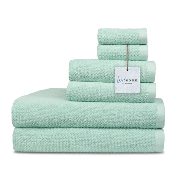 WelHome Premium Performance 6 Piece Towel Set, 100% Cotton, 600 GSM, 2 Soft Bath Towels 30" x 54", 2 Hand Towels, 2 Washcloths, Popcorn Texture, Aqua, Hotel & Spa Thick Towels for Bathroom