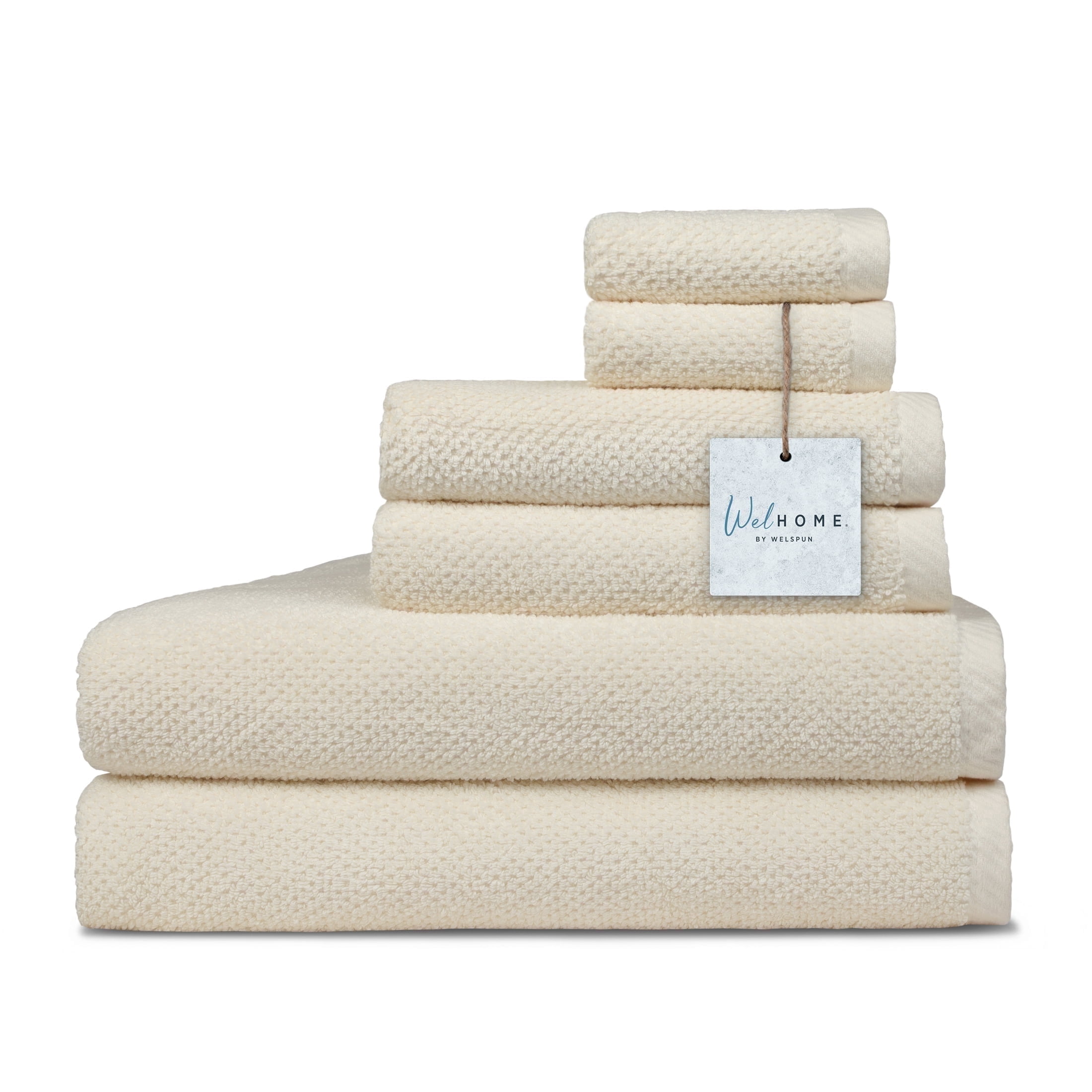 WelHome Premium Performance 6 Piece Towel Set, 100% Cotton, 600 GSM, 2 Soft Bath Towels 30" x 54", 2 Hand Towels, 2 Washcloths, Popcorn Texture, Cream, Hotel & Spa Thick Towels for Bathroom