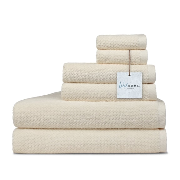 WelHome Premium Performance 6 Piece Towel Set, 100% Cotton, 600 GSM, 2 Soft Bath Towels 30" x 54", 2 Hand Towels, 2 Washcloths, Popcorn Texture, Cream, Hotel & Spa Thick Towels for Bathroom