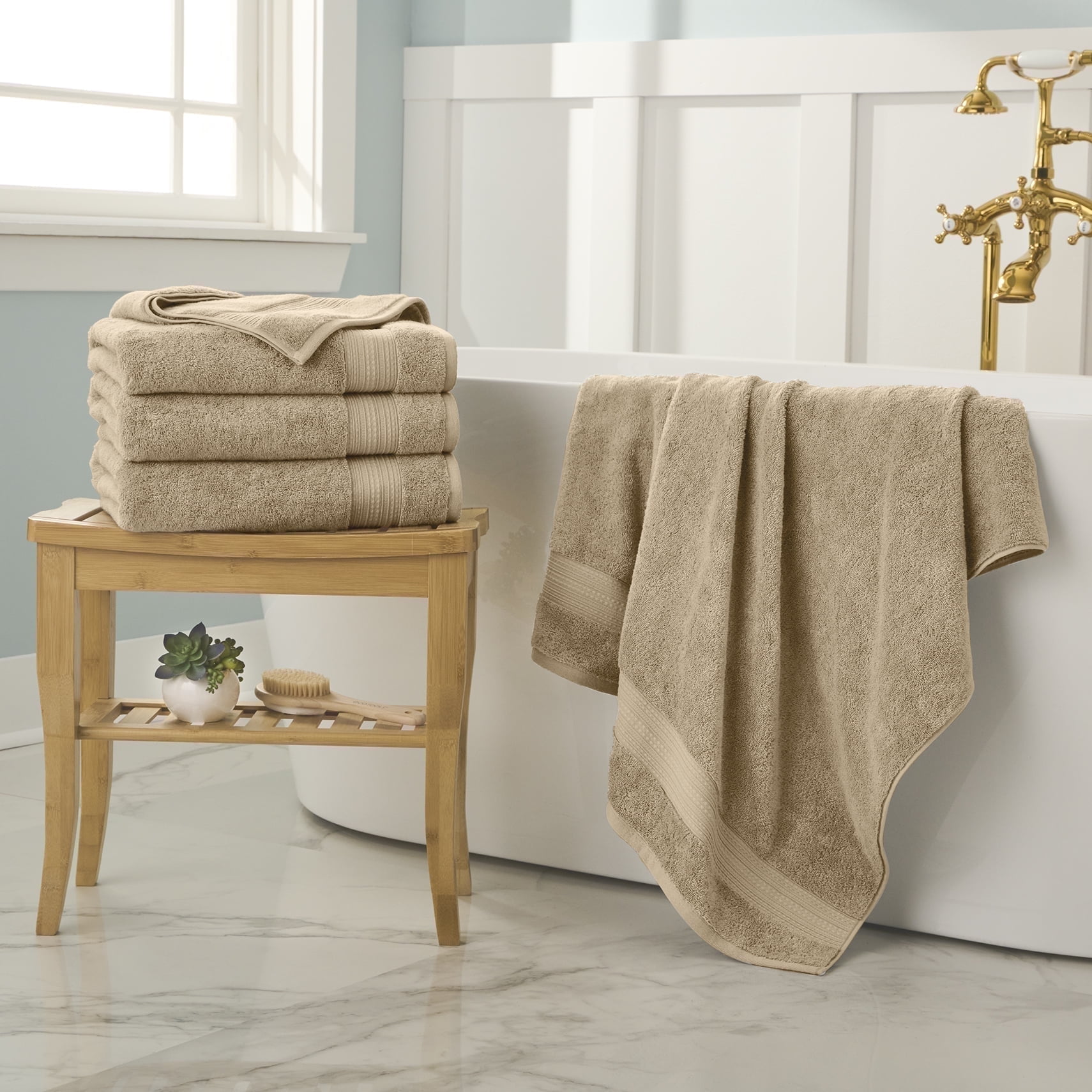 WelHome 100 Cotton 4 Piece Ultra SOFT TWIST Solid Bath Towels Set Tan 600 GSM 30in x 54in Highly Absorbent Bathroom Towels For Everyday Use