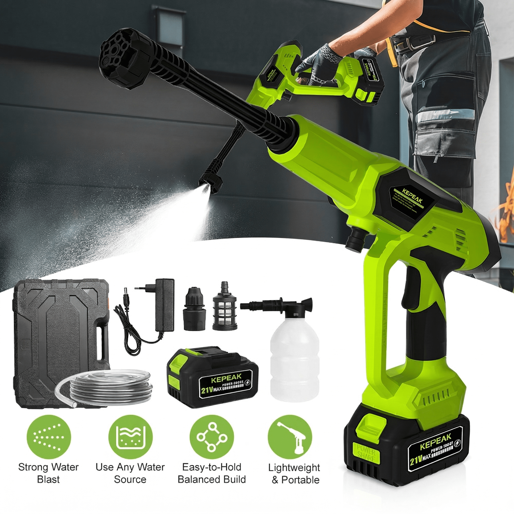 Welan 1450PSI Portable Cordless Pressure Washer, 21VF Power Washer with 6-in-1 Nozzle, 5L/Min Flow, Total 2 Batteries, Compact Electric Cleaner for Cars, Windows, Driveways
