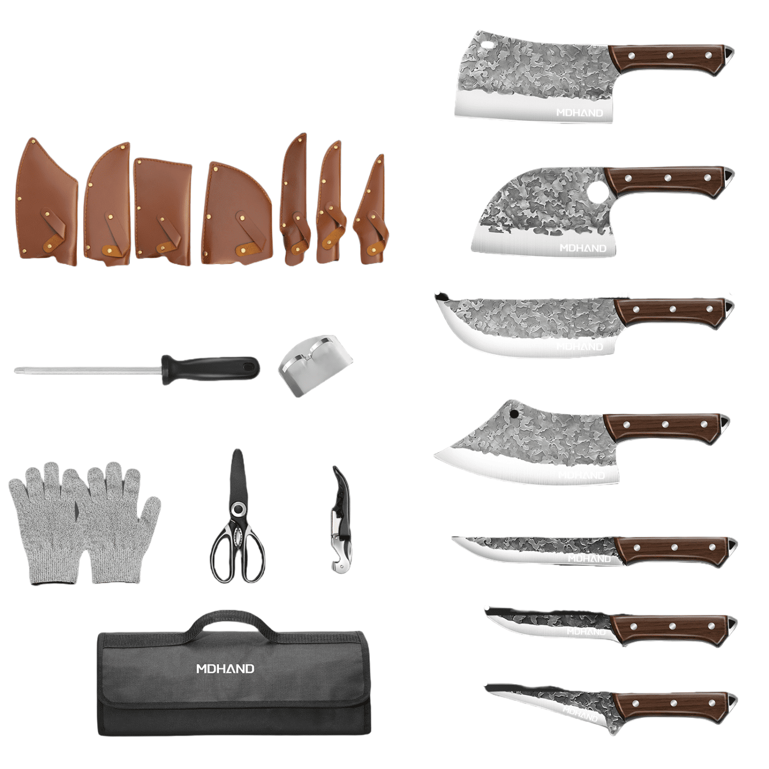 Welan 14PCS Butcher Chef Knife Set include sheath, Kitchen Knife Whole Tang Vegetable Cleaver Home BBQ Camping with Knife Bag(Cloud)
