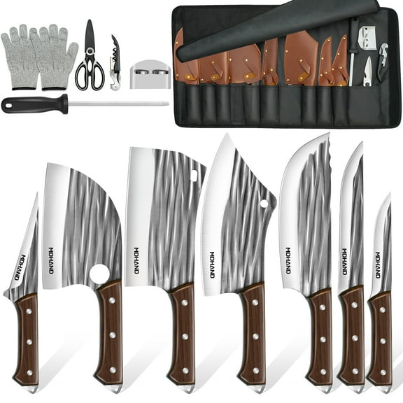 Welan 14PCS Butcher Chef Knife Set include sheath, Kitchen Knife Whole Tang Vegetable Cleaver Home BBQ Camping with Knife Bag(Stripe)