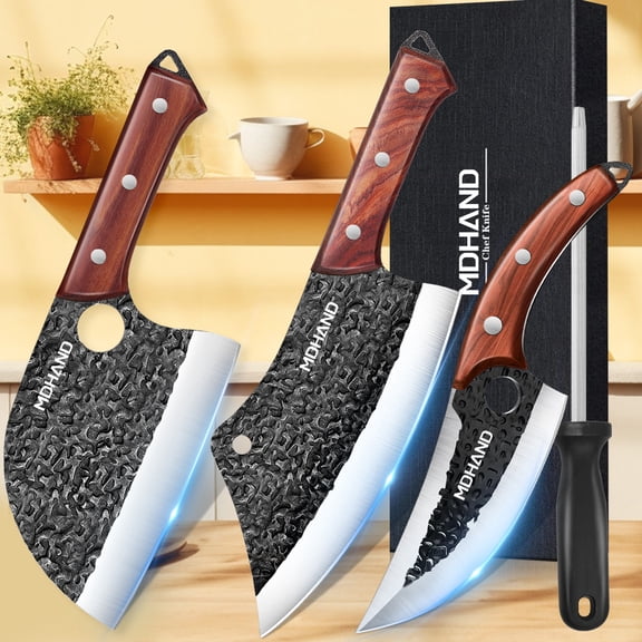 Welan 4PCS Butcher Knife Set, Hand Forged Serbian Chef Knives & Meat Cleaver & Viking Knives, Meat Cutting Kitchen Knife Set for Home, Outdoor Cooking, Camping BBQ Gift Idea Men