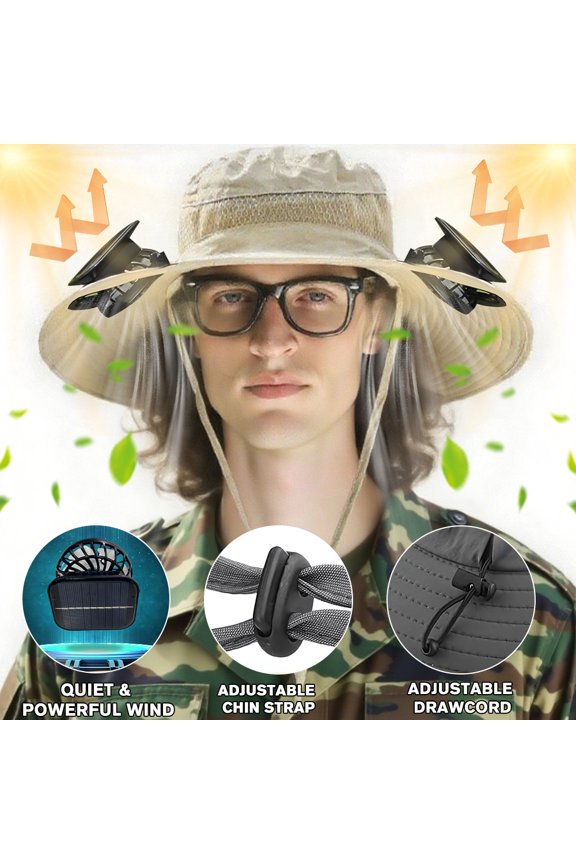 Solar Fan Hat Wide Brim Fishing Hat with 2 Solar Fan & USB Charging for Fishing Hiking Gardening, Khaki