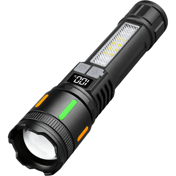 Welan Tactical Flashlight: Fluorescent-Striped, Digital Display, Zoomable White Laser with 360 Alert Side-Lamp for Outdoor Survival