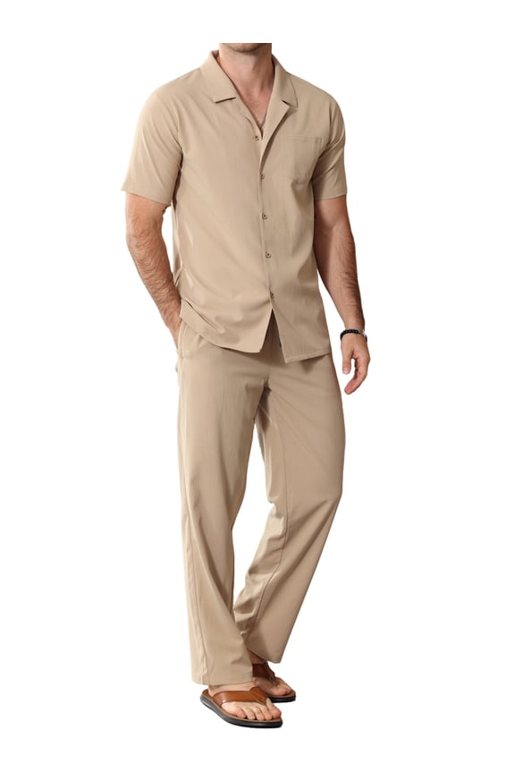 Welanxin Men 2 Piece Outfit Set Button Up Loose Shirt Elastic Waist Baggy Pants Suit