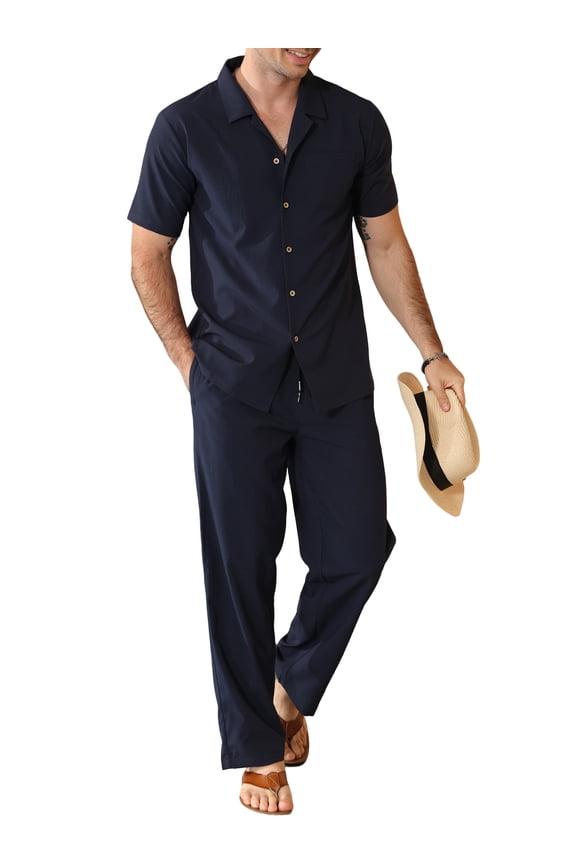 Welanxin Men 2 Piece Beach Vacation Outfit,Lightweight Button Up Loose Shirt Elastic Waist Baggy Pants Suit