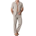 thumbnail image 1 of Welanxin Men 2 Piece Beach Vacation Outfit,Lightweight Button Up Loose Shirt Elastic Waist Baggy Pants Suit, 1 of 10