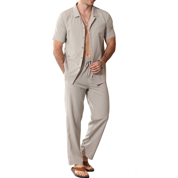 Welanxin Men 2 Piece Beach Vacation Outfit,Lightweight Button Up Loose Shirt Elastic Waist Baggy Pants Suit