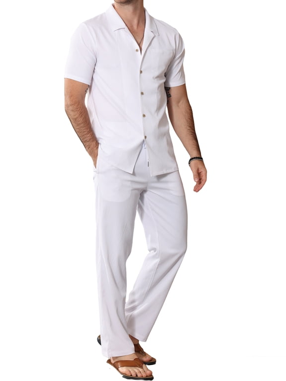 Welanxin Men 2 Piece Beach Vacation Outfit,Lightweight Button Up Loose Shirt Elastic Waist Baggy Pants Suit