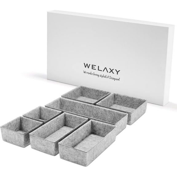 Welaxy Deluxe drawer organizers multi-purpose storage box junk bins for office home kitchen bedroom bathroom nightstand holder quiet uxury 7-piece Style C (Gray)