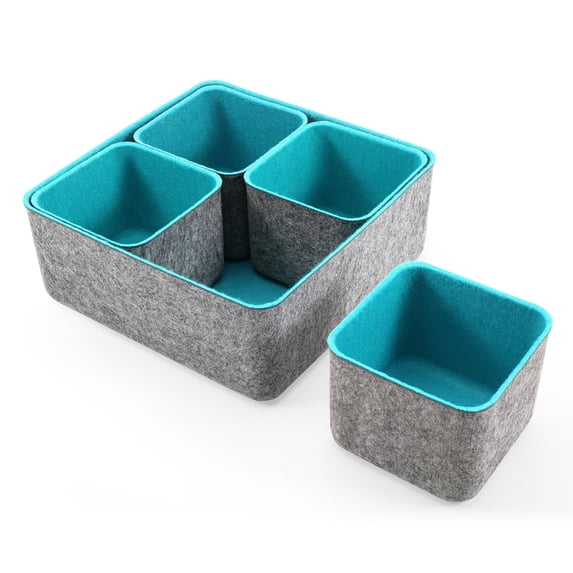 Welaxy Felt Office Drawer Organizers deep Bins Draw Organiser Felt Storage bin Drawers dividers Boxes for Desktop 5-Pack (Turquoise)