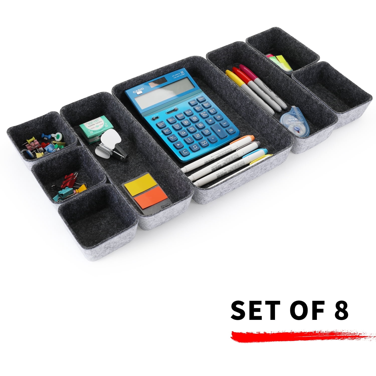 Welaxy desk drawer organizer tray shallow felt storage bin soft but sturdy sort for office suppliers makeup pen keys craft brush decluttering 8-piece sleek minimalist lifestyle (Charcoal)