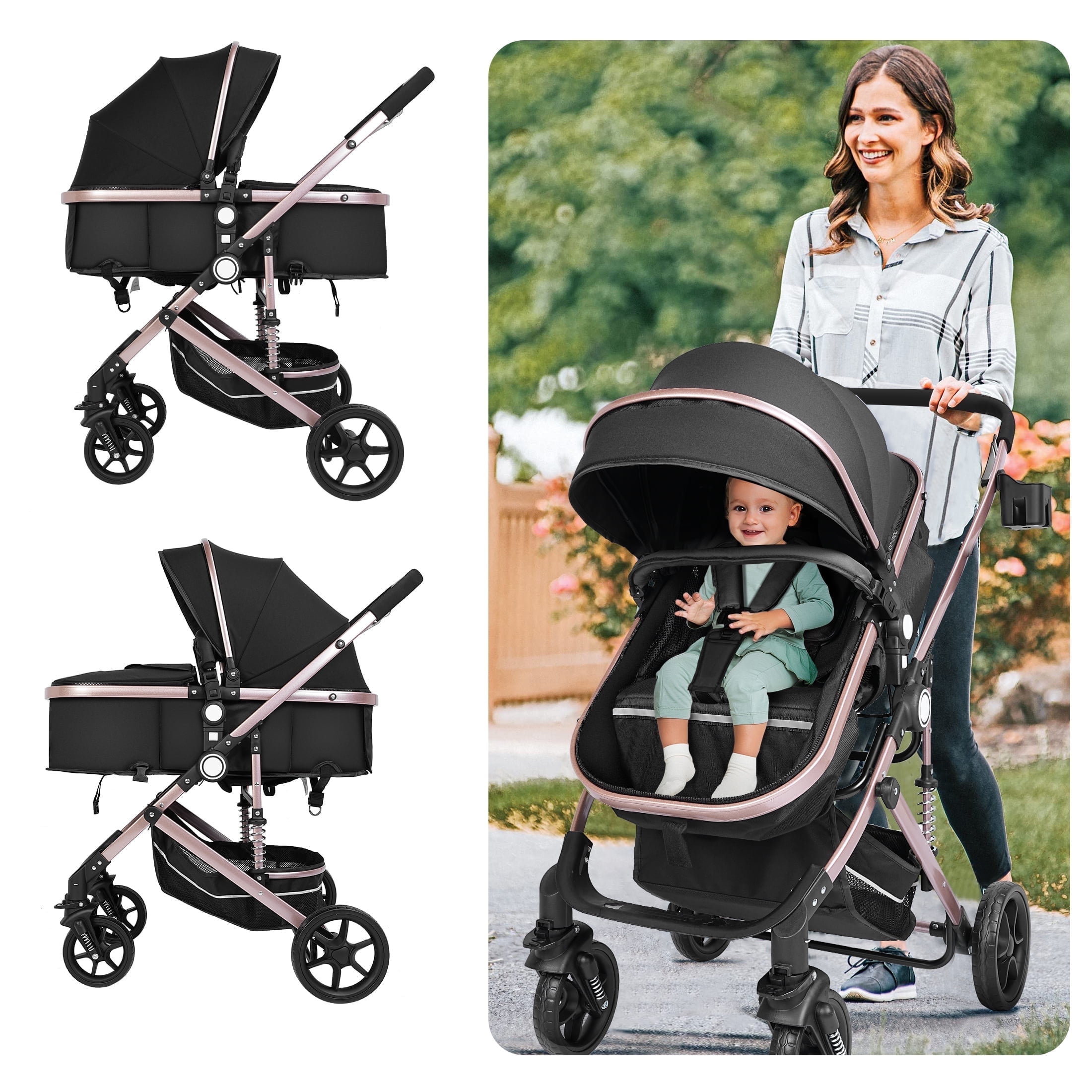 Welbabel Baby Stroller 3 in 1 Foldable Standard Stroller with Adjustable Backrest Awning Lightweight Stroller for Newborn Baby 0 3 Years Old Black Walmart