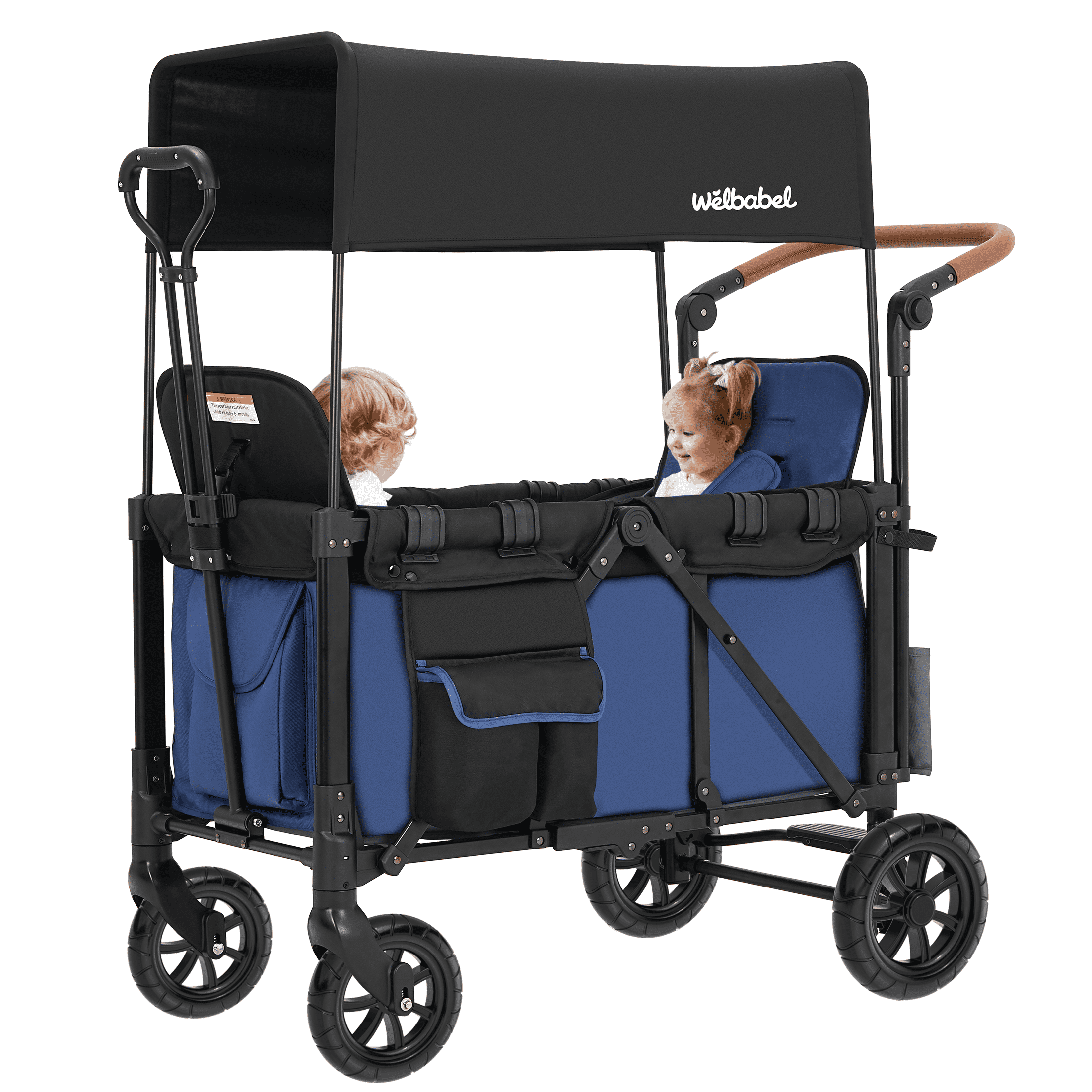 Minikid Baby Wagon Stroller for 2 Kids, Toddler Stroller with Canopy, 5-Point Harness, Adjustable Handlebars, Removable Seat, Blue