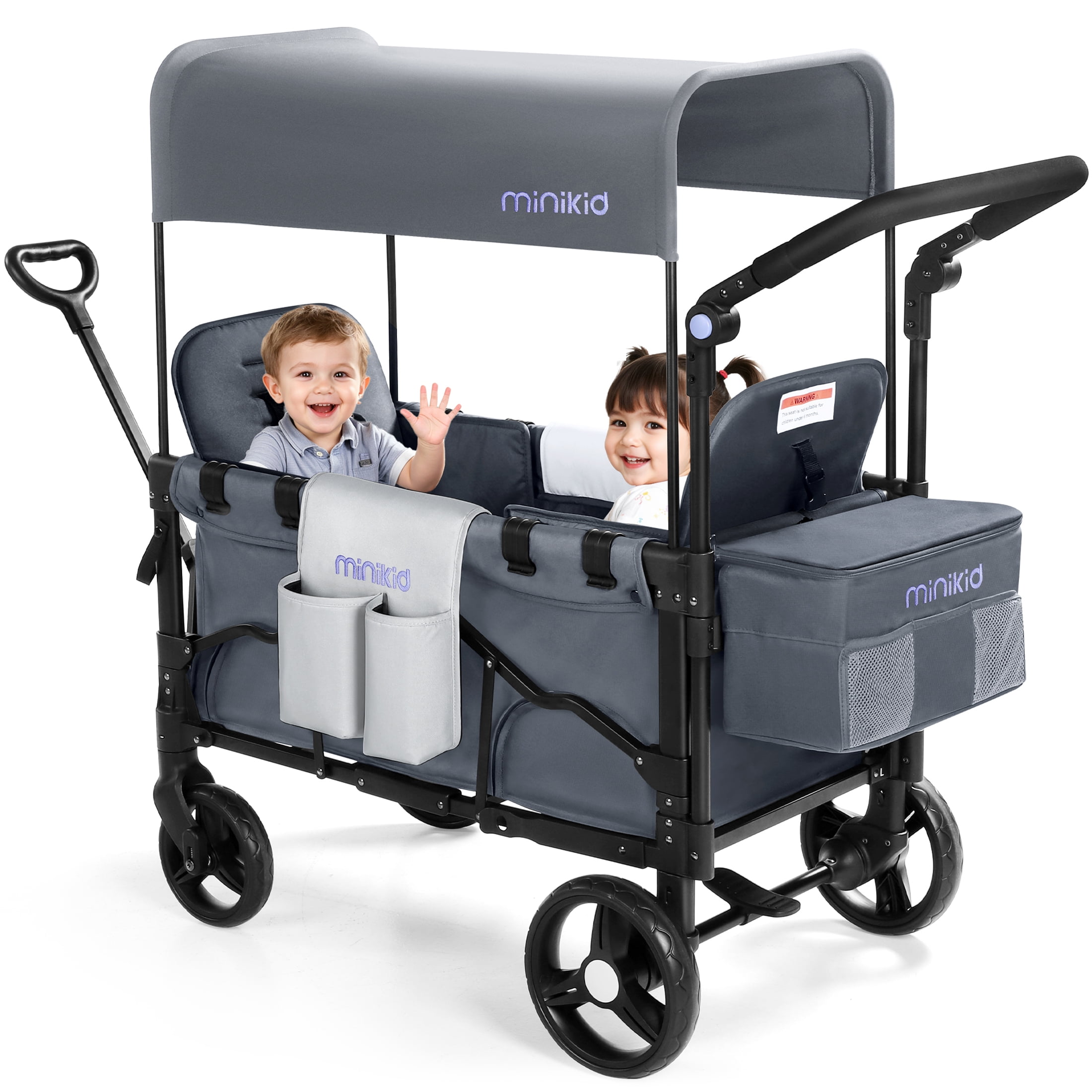 Minikid Baby Wagon Stroller for 2 Kids,Toddler Stroller With Canopy, Gray