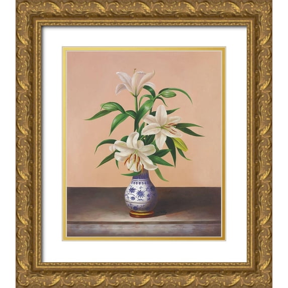 Welby 20x23 Gold Ornate Wood Framed with Double Matting Museum Art Print Titled - White Lilies