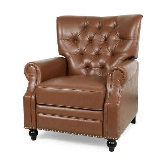 Welch Contemporary Tufted Recliner, Cognac Brown Faux Leather and Dark Brown